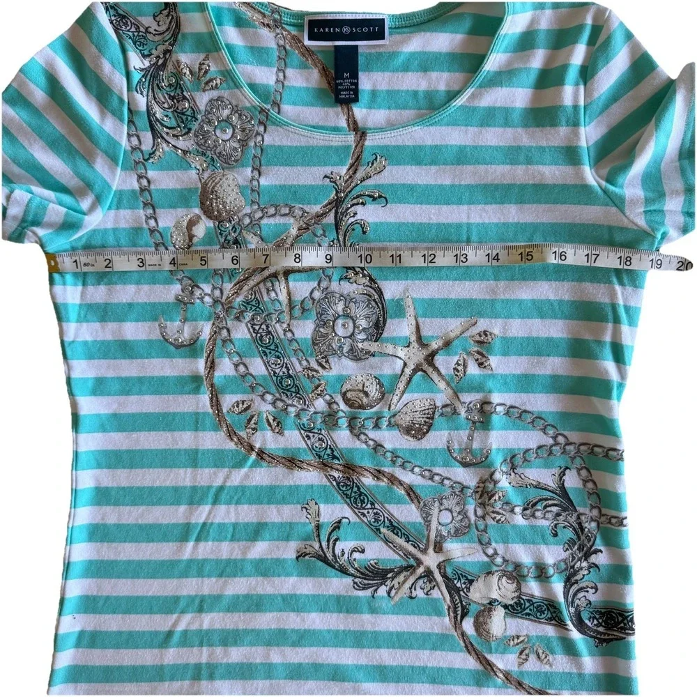 Karen Scott Starfish Striped Top Medium‎ Coastal Grandma Studded Beachy Nautical